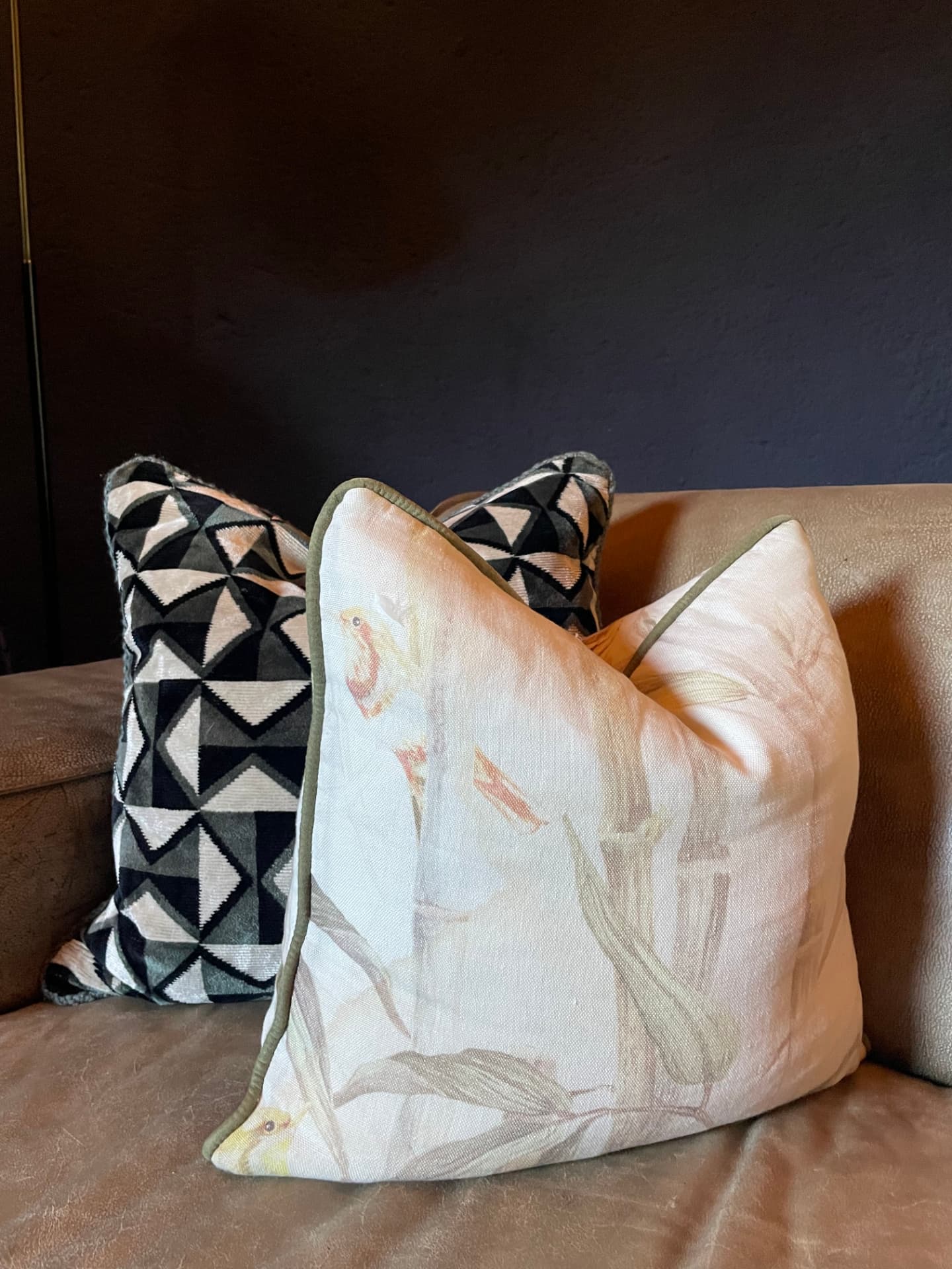 Printed linen scatter cushions with piping