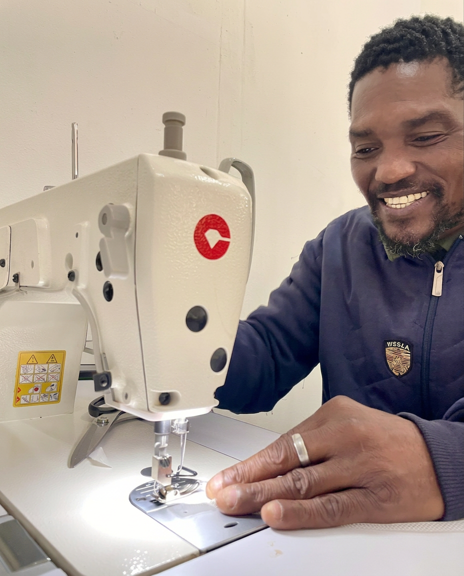 Team member working at an industrial sewing machine in the Hoedspruit workshop