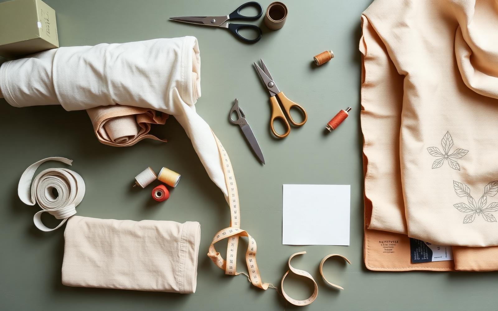 Workshop flat lay with fabric, scissors and thread